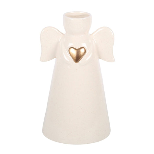 White Angel Vase with Gold Heart – Ceramic Angel Flower Vase