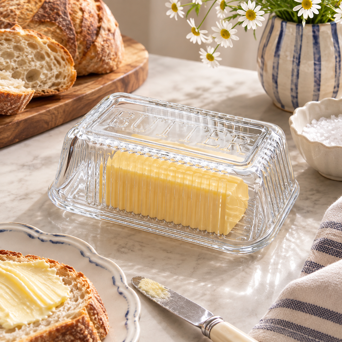 Clear Glass Butter Dish with Lid – Vintage Ribbed Butter Keeper