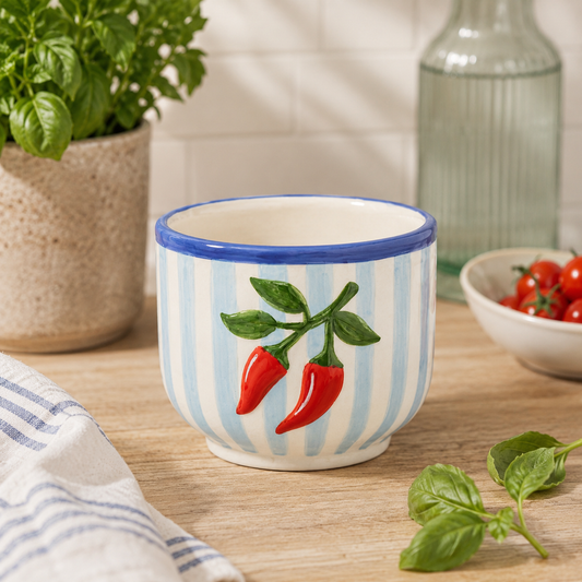 Ceramic Chilli Plant Pot – Blue & White Striped