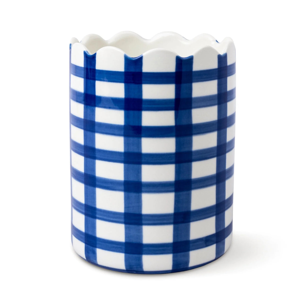 The Penny Blue & White Check Ceramic Wine Cooler – Scalloped Edge Bottle Chiller