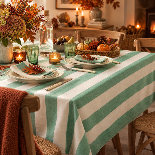 Green & Cream Striped Tablecloth – 160 x 250cm