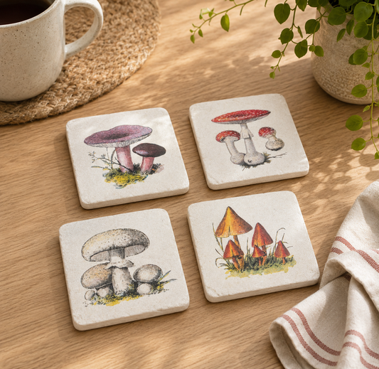 Vintage Mushroom Coasters Set of 4 | Cottagecore Botanical Drink Coasters | Nature Gift