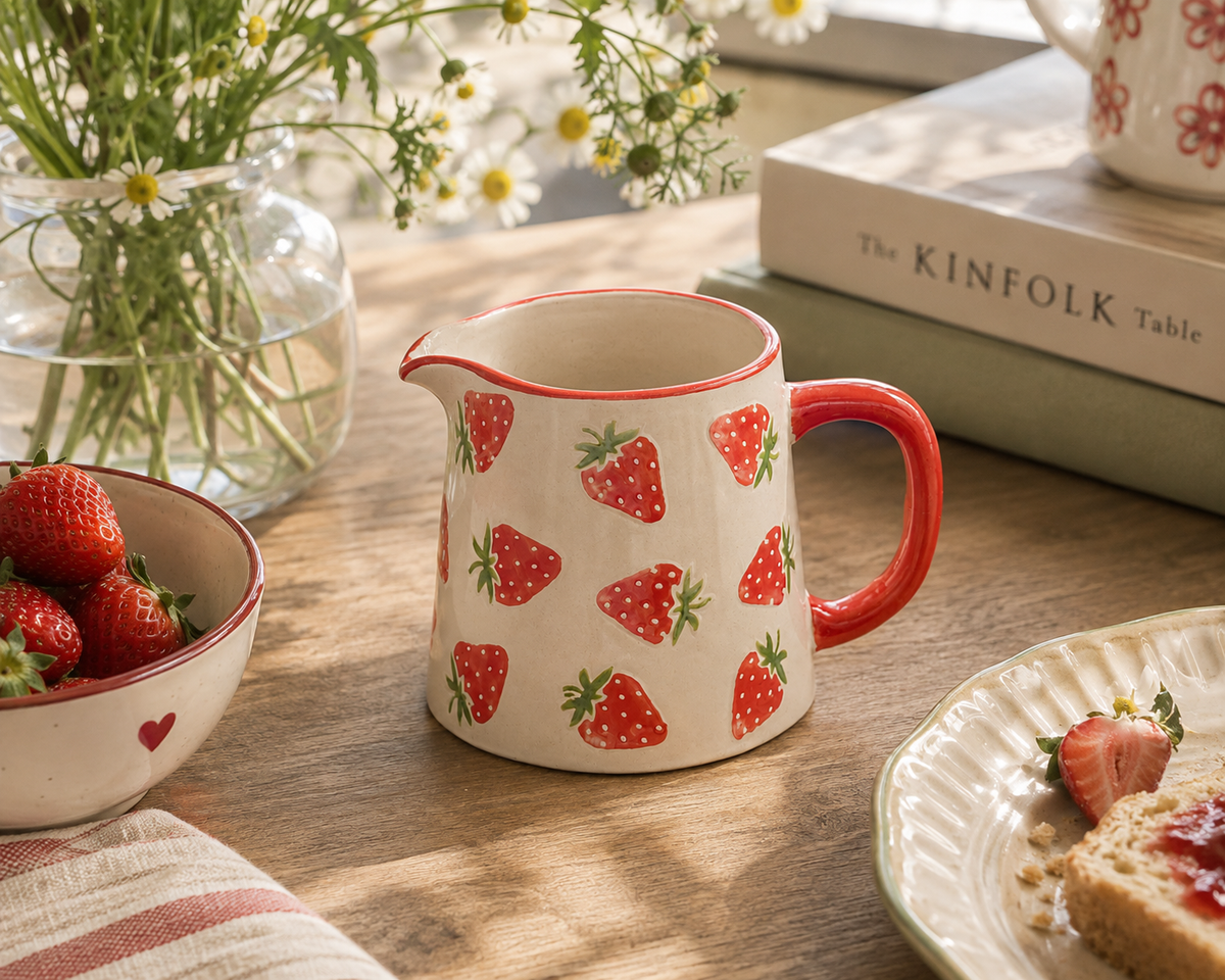 Strawberry Ceramic Milk Jug | Hand-Painted Creamer Pitcher for Tea, Coffee & Breakfast Table