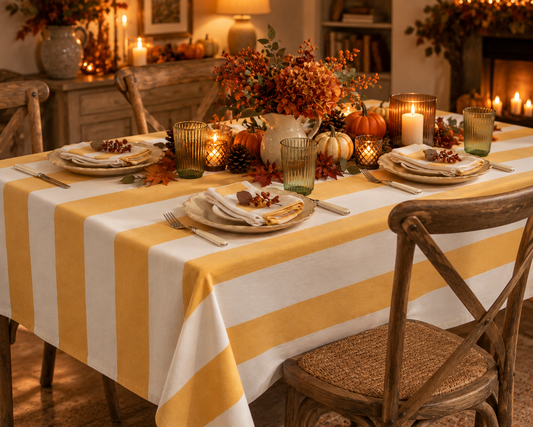 Yellow & Cream Striped Tablecloth – 160 x 250cm