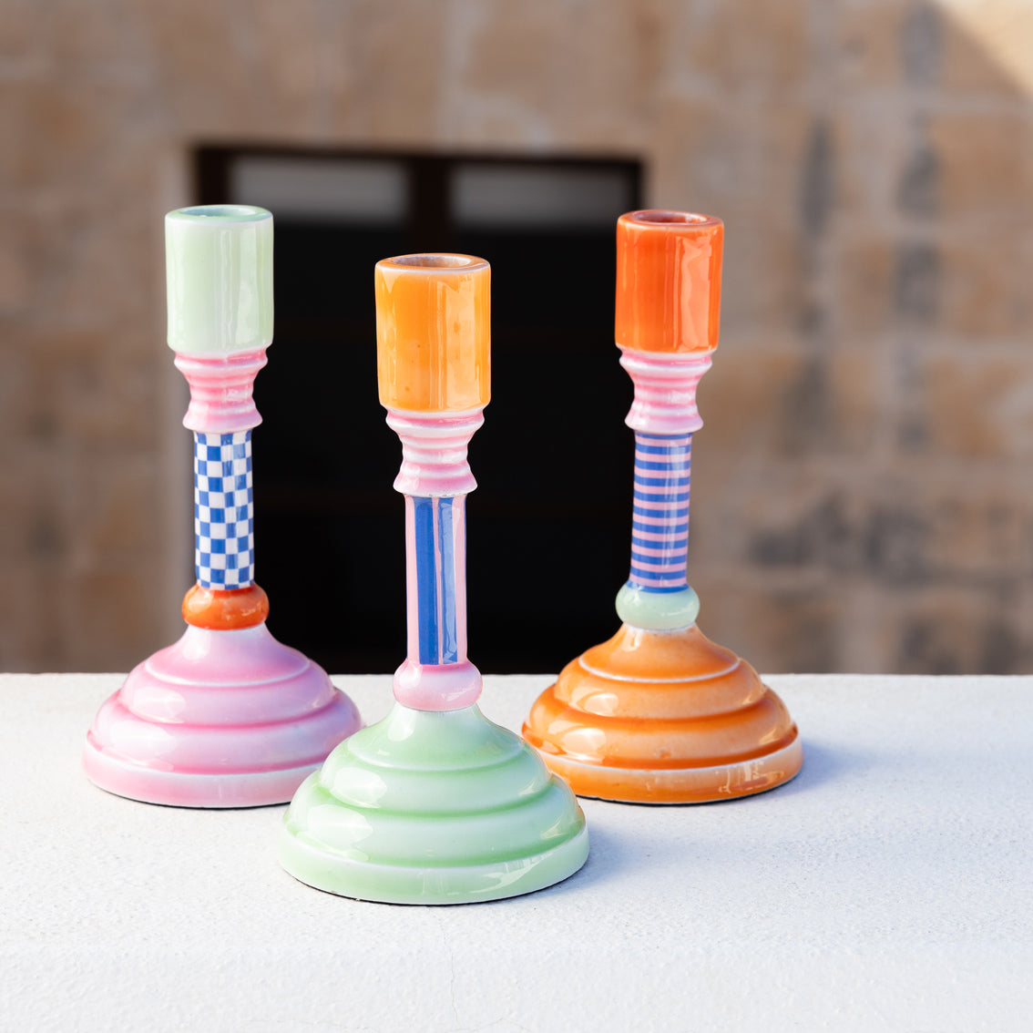 Colourful Enamel Candlestick Holder – Green, Blue & Orange Taper Candle Holder