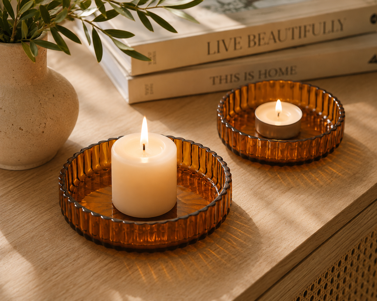 Amber Glass Nesting Bowls – Set of 2 | Ribbed Glass Snack & Trinket Dishes