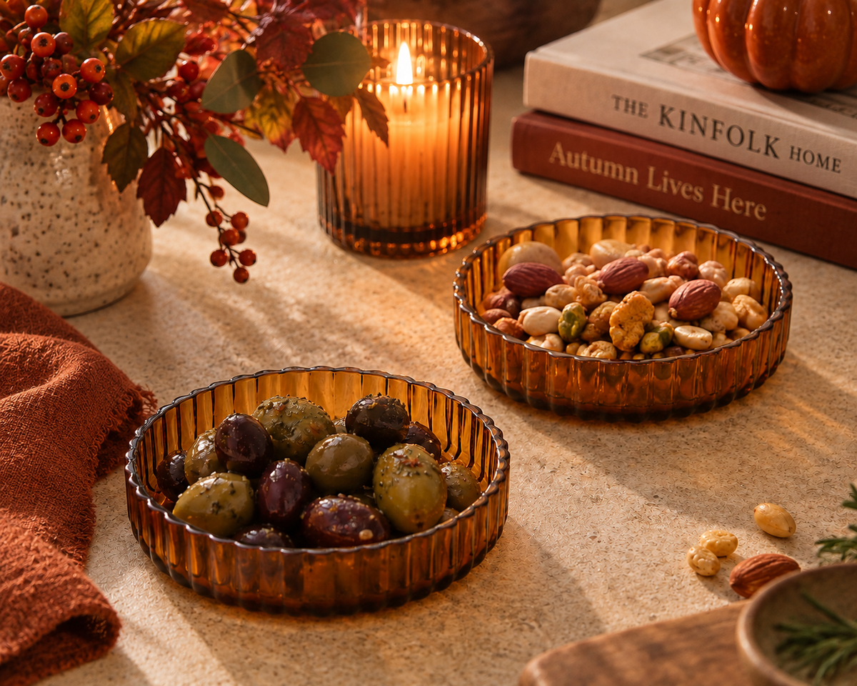 Amber Glass Nesting Bowls – Set of 2 | Ribbed Glass Snack & Trinket Dishes