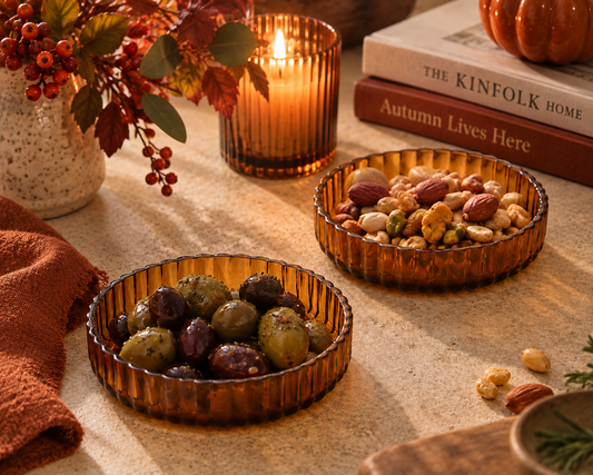 Amber Glass Nesting Bowls – Set of 2 | Ribbed Glass Snack & Trinket Dishes