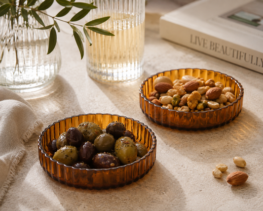 Amber Glass Nesting Bowls – Set of 2 | Ribbed Glass Snack & Trinket Dishes