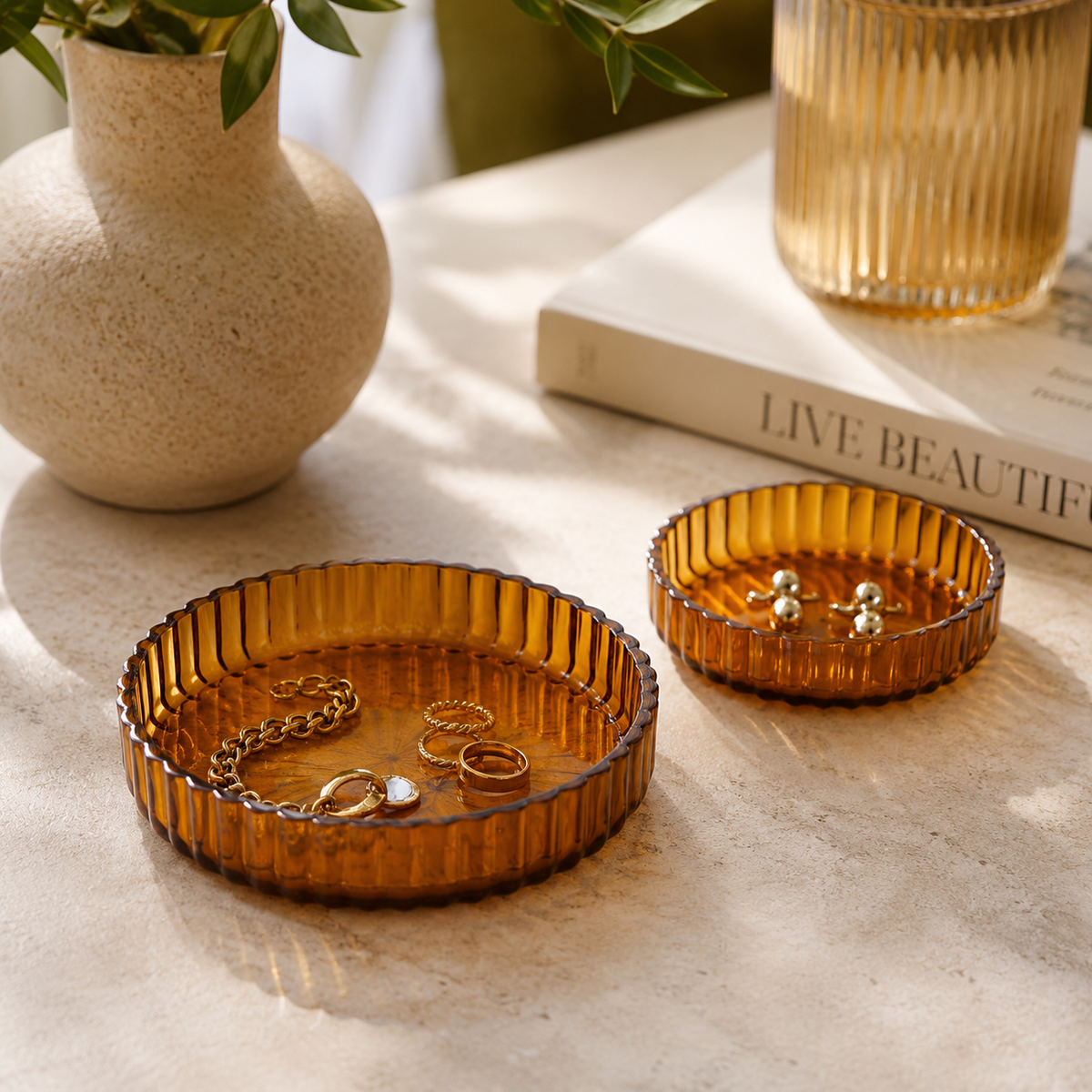 Amber Glass Nesting Bowls – Set of 2 | Ribbed Glass Snack & Trinket Dishes