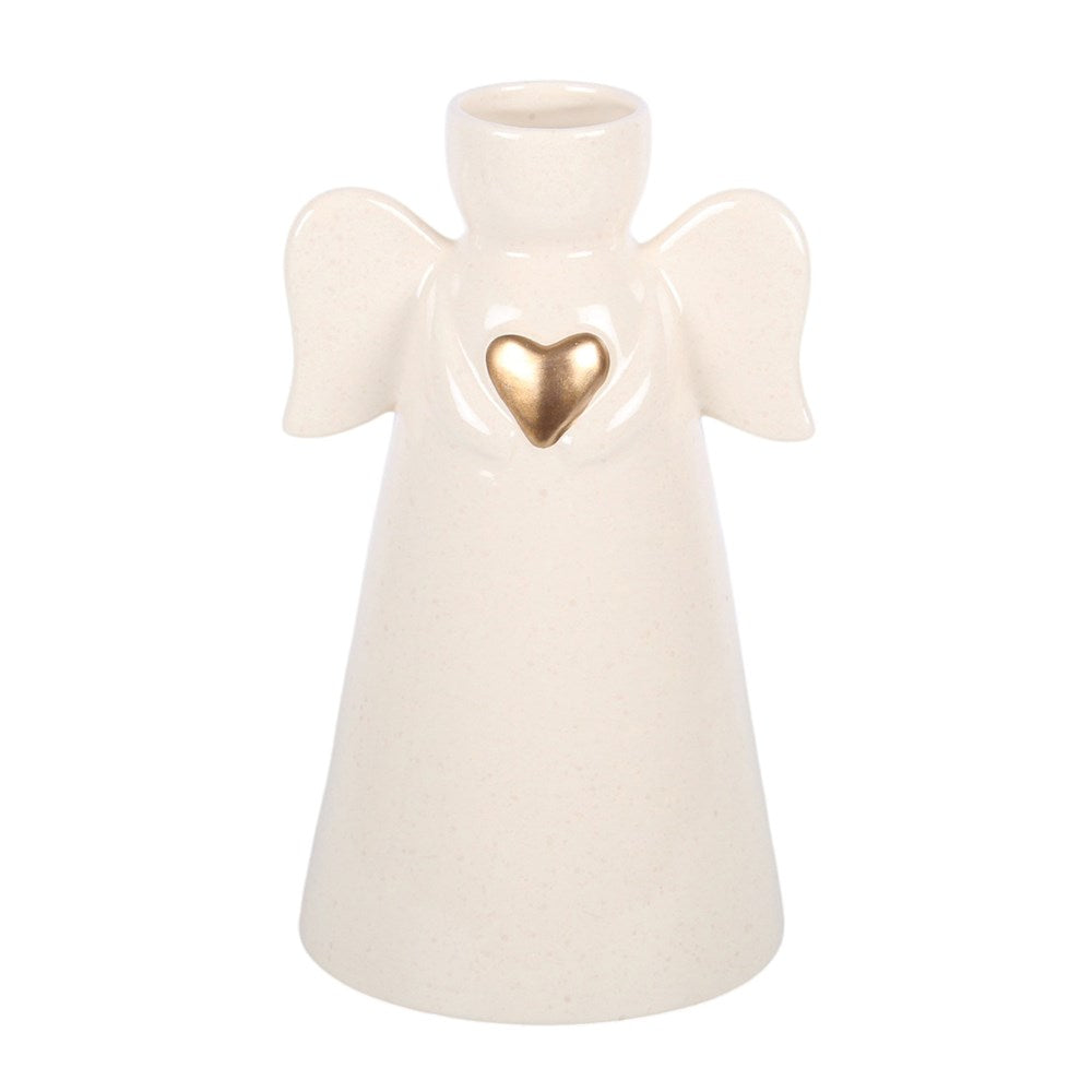 White Angel Vase with Gold Heart – Ceramic Angel Flower Vase