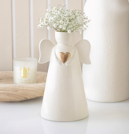 White Angel Vase with Gold Heart – Ceramic Angel Flower Vase
