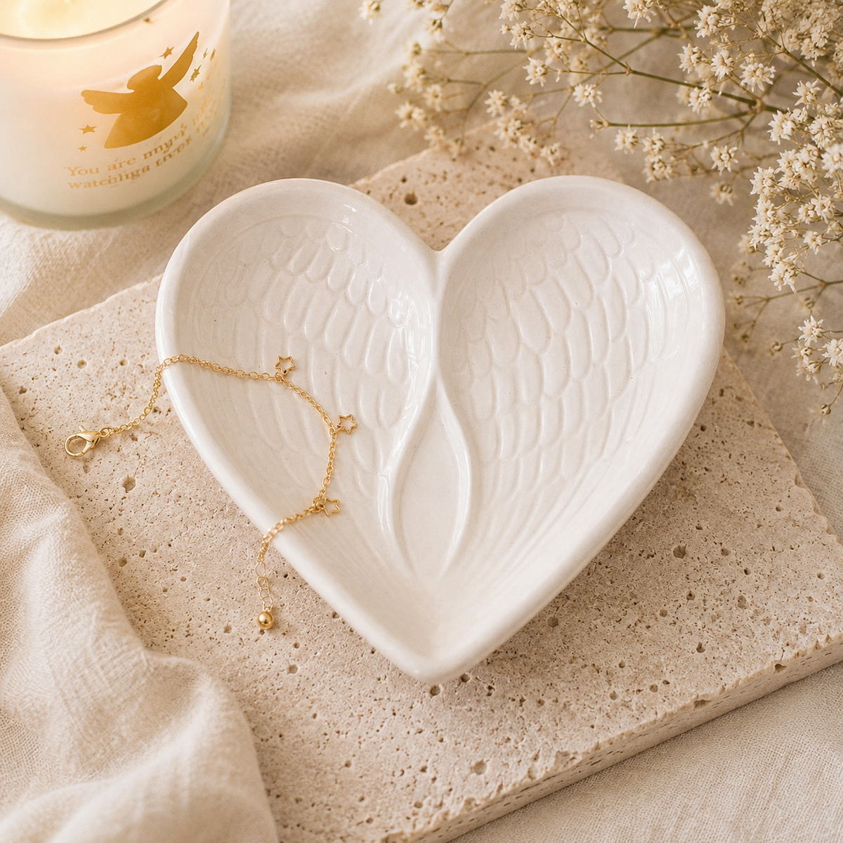 Angel Wing Heart Trinket Dish – White Ceramic Jewellery Dish