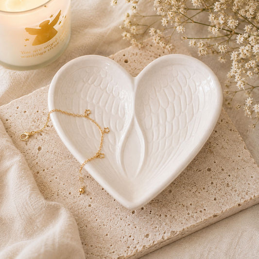 Angel Wing Heart Trinket Dish – White Ceramic Jewellery Dish