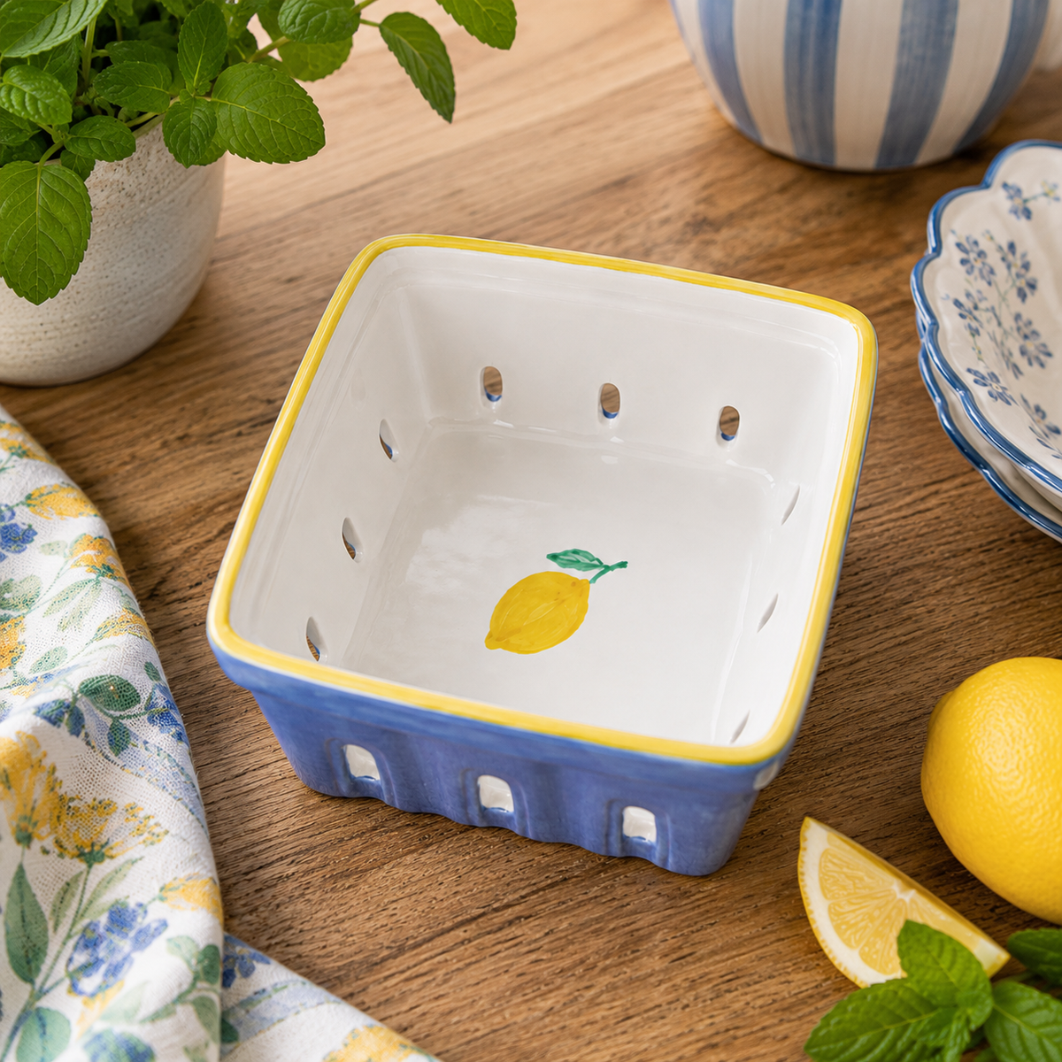 Blue Ceramic Lemon Berry Basket