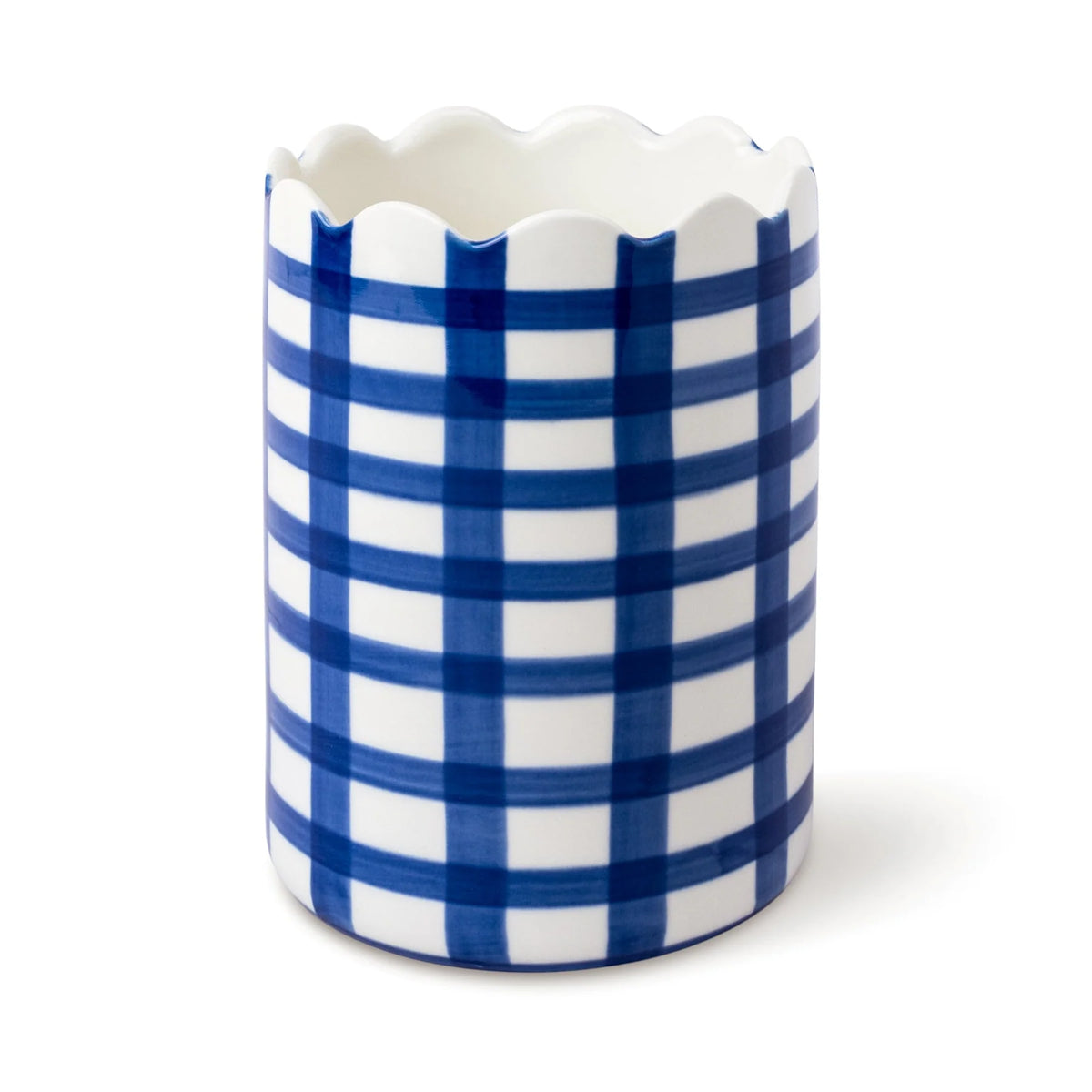 The Penny Blue & White Check Ceramic Wine Cooler – Scalloped Edge Bottle Chiller