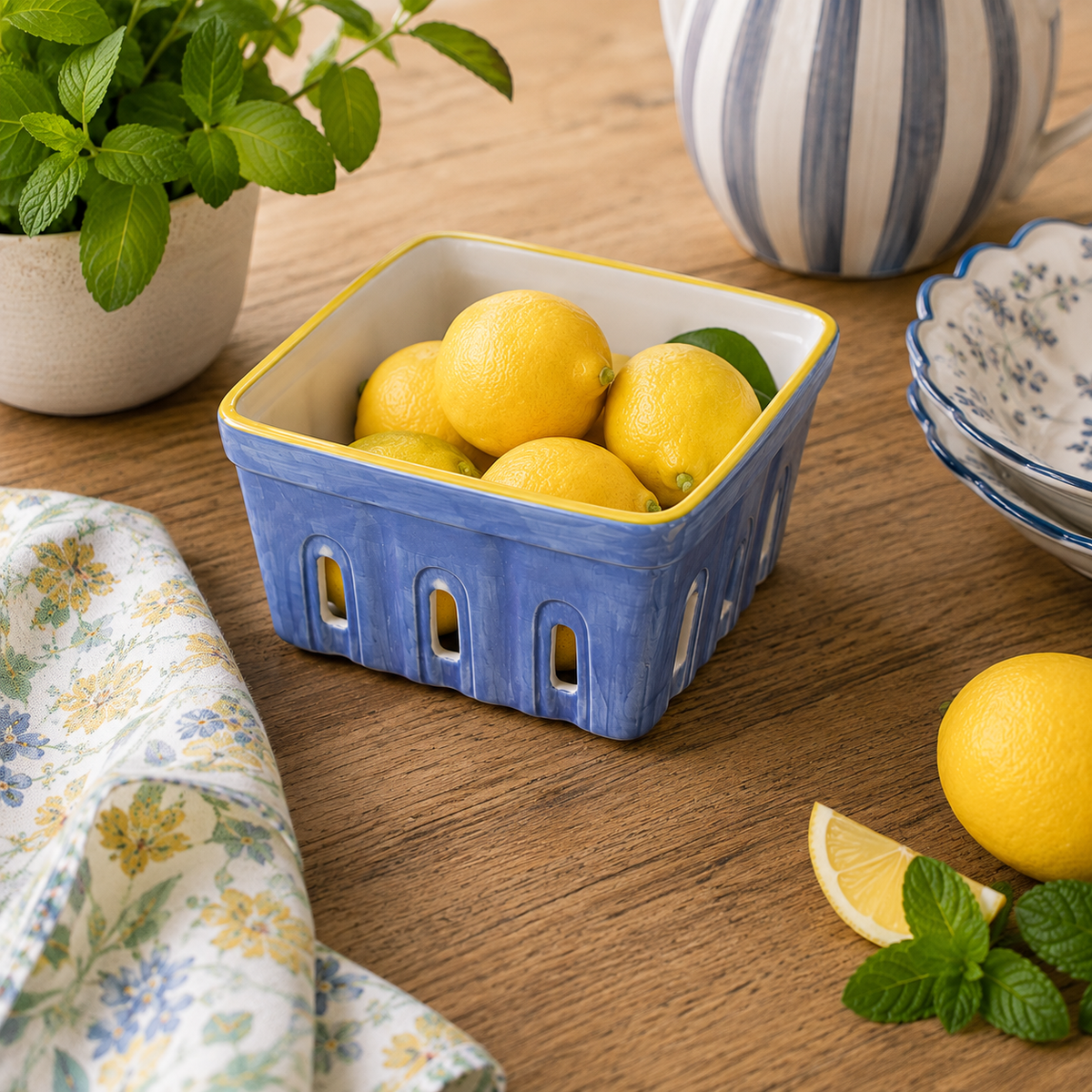 Blue Ceramic Lemon Berry Basket