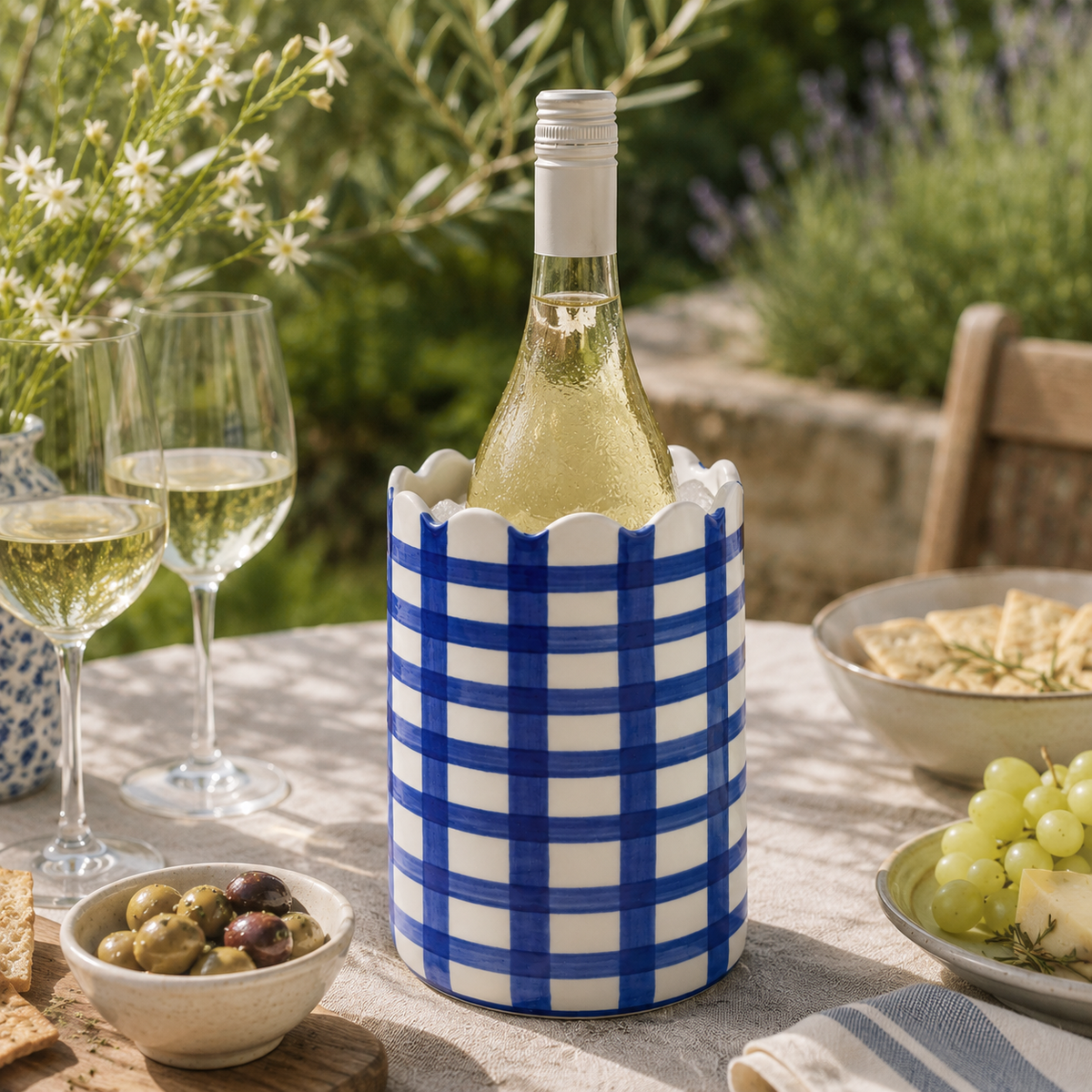 The Penny Blue & White Check Ceramic Wine Cooler – Scalloped Edge Bottle Chiller