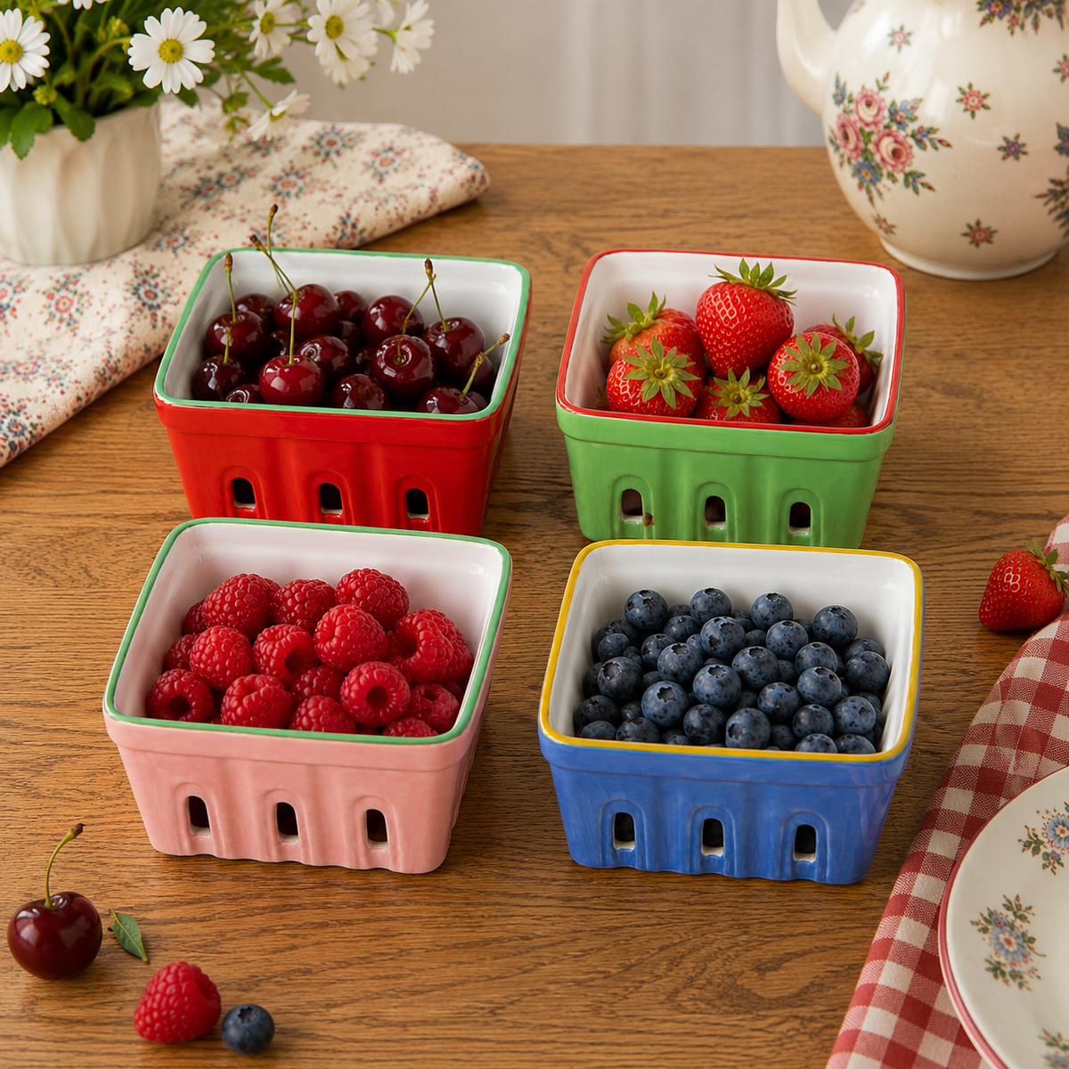 Set of 4 Ceramic Berry Baskets – Fruit Storage Bowls