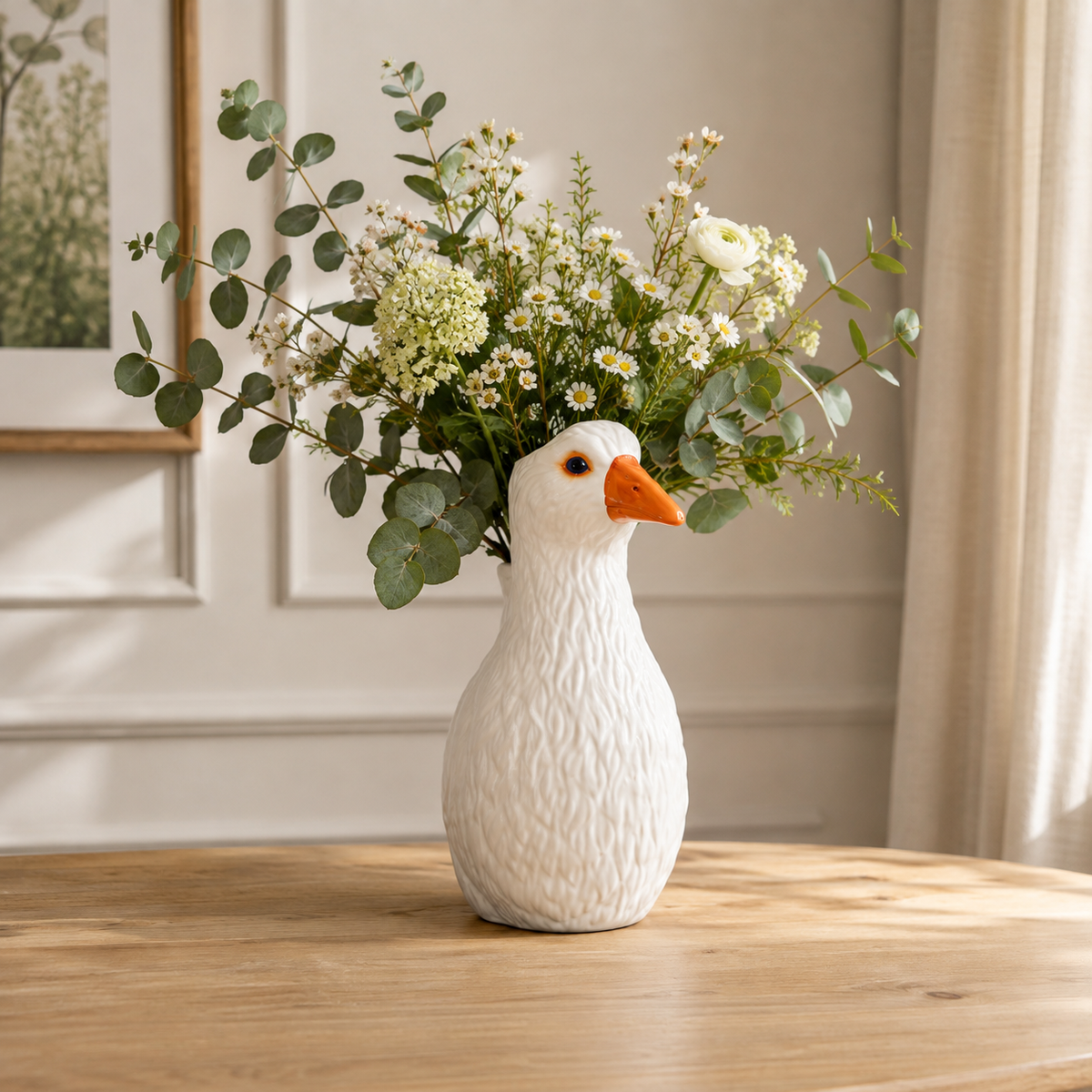 White Goose Ceramic Vase | Cottagecore Bird Flower Vase | Farmhouse Home Décor Gift