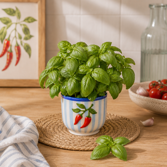 Ceramic Chilli Plant Pot – Blue & White Striped