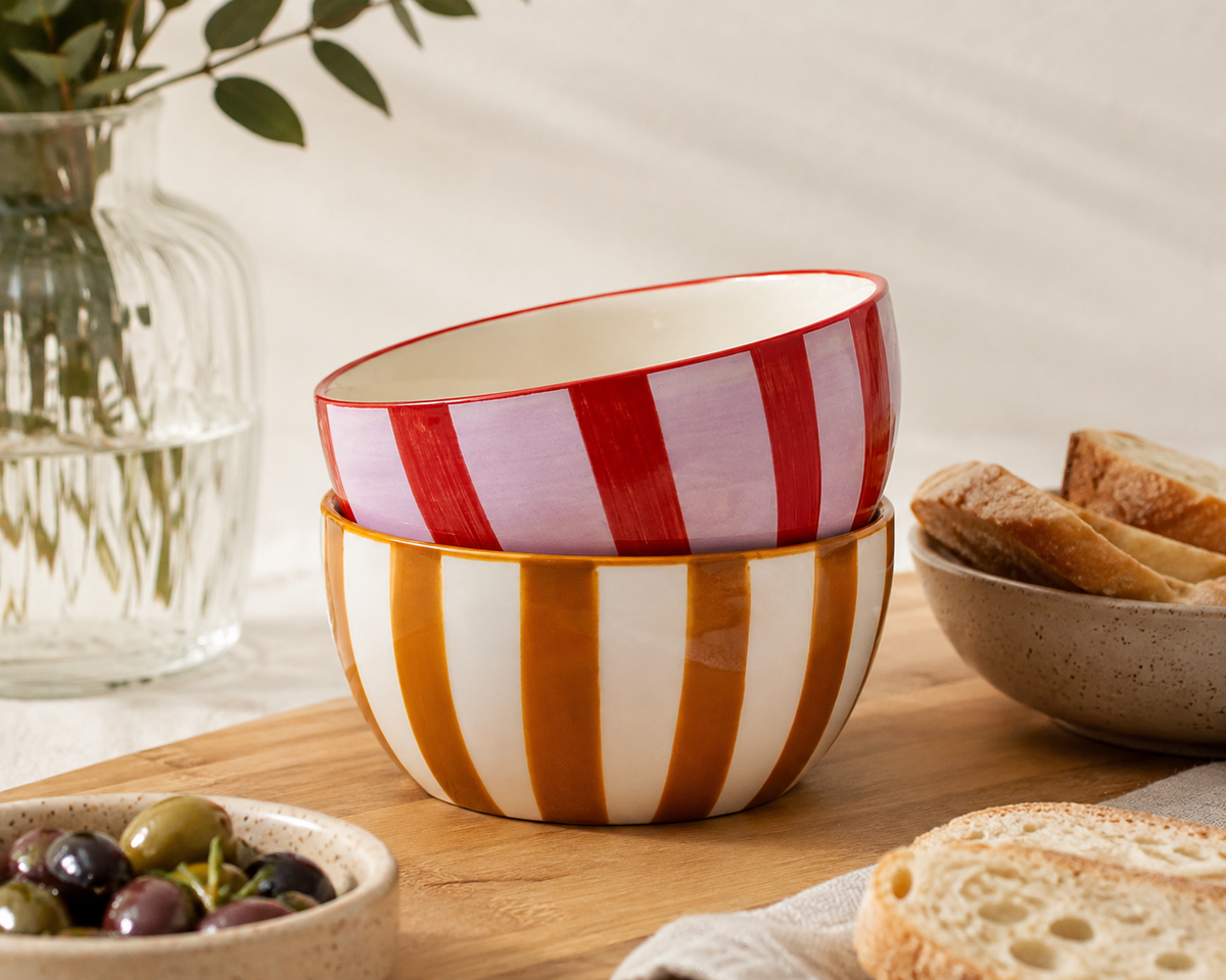 The Bella Assorted Dipping Bowls – Set of 2 Striped Ceramic Snack Bowls