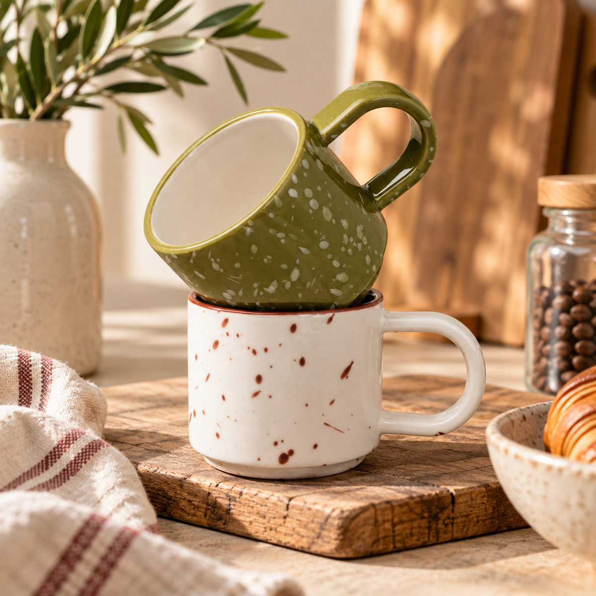 Simon Speckled Ceramic Espresso Cups – Set of 2 | Olive Green &amp; Cream