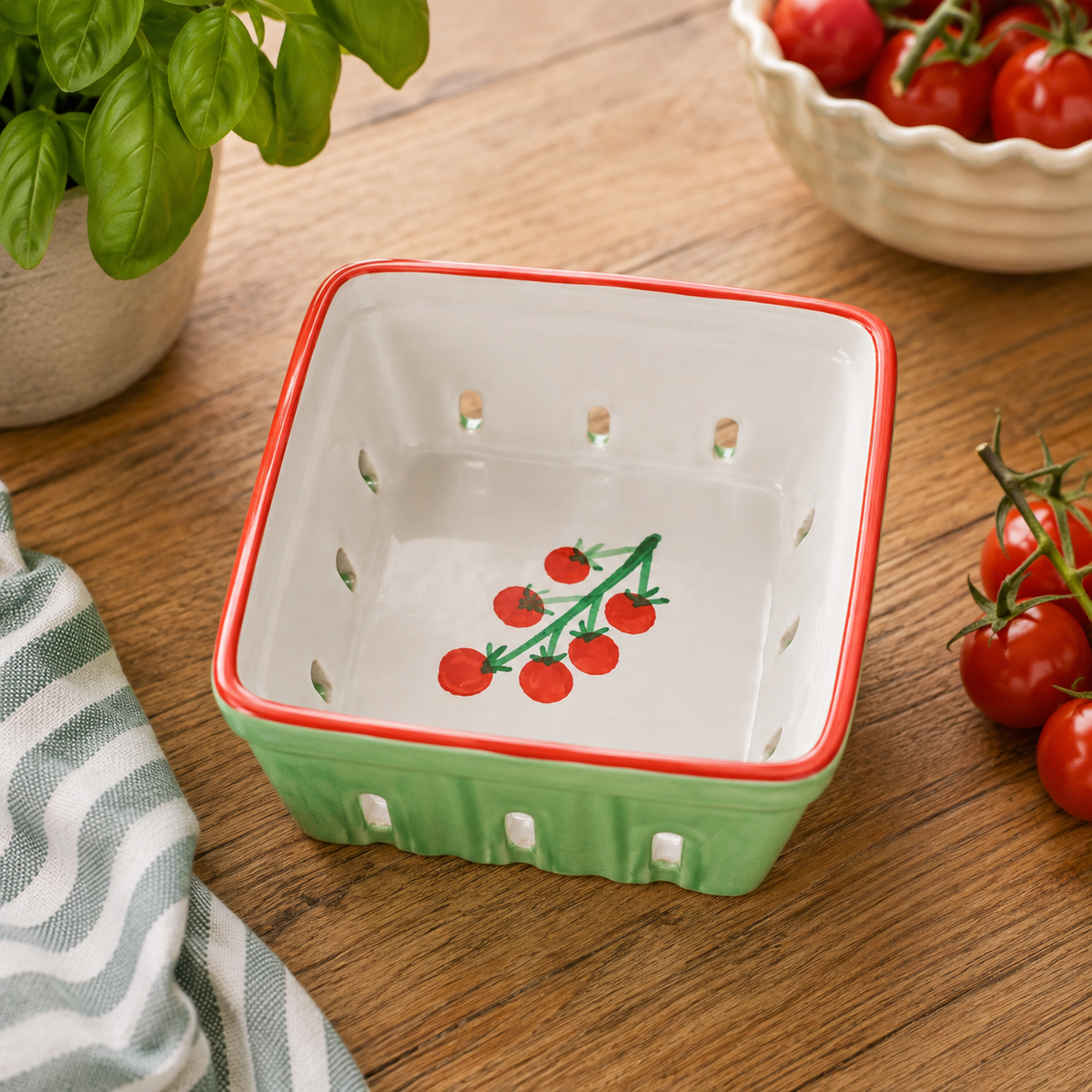 Green Ceramic Tomato Berry Basket