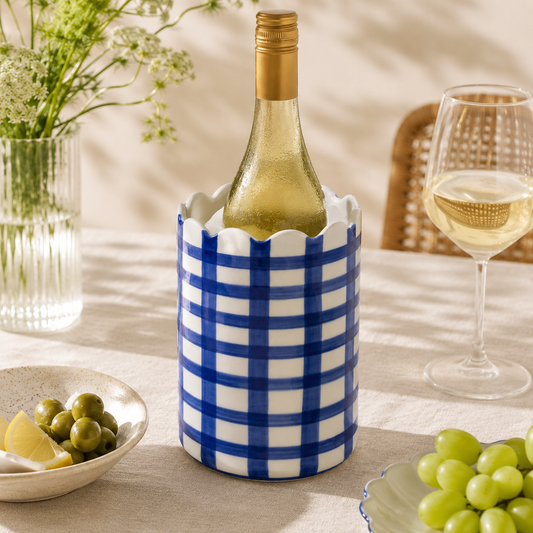 The Penny Blue & White Check Ceramic Wine Cooler – Scalloped Edge Bottle Chiller
