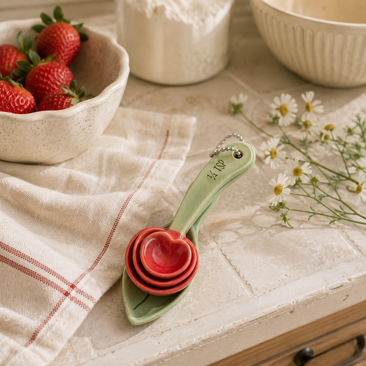Cherry Ceramic Measuring Spoons | Cute Cottagecore Baking Gift | 4-Piece Kitchen Spoon Set