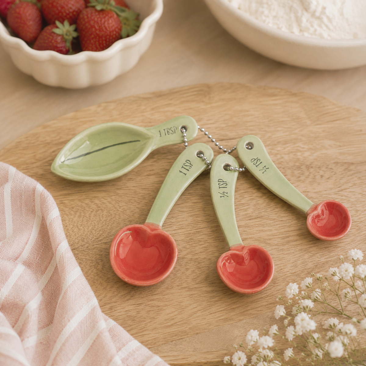 Cherry Ceramic Measuring Spoons | Cute Cottagecore Baking Gift | 4-Piece Kitchen Spoon Set