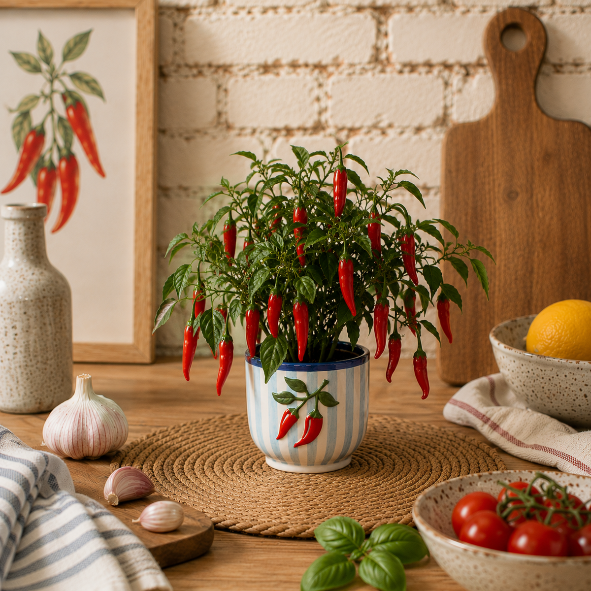 Ceramic Chilli Plant Pot – Blue & White Striped