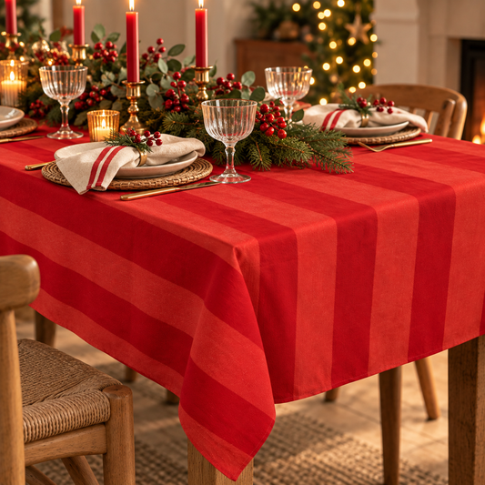 Red Striped Tablecloth – Cotton Blend Christmas Table Cover