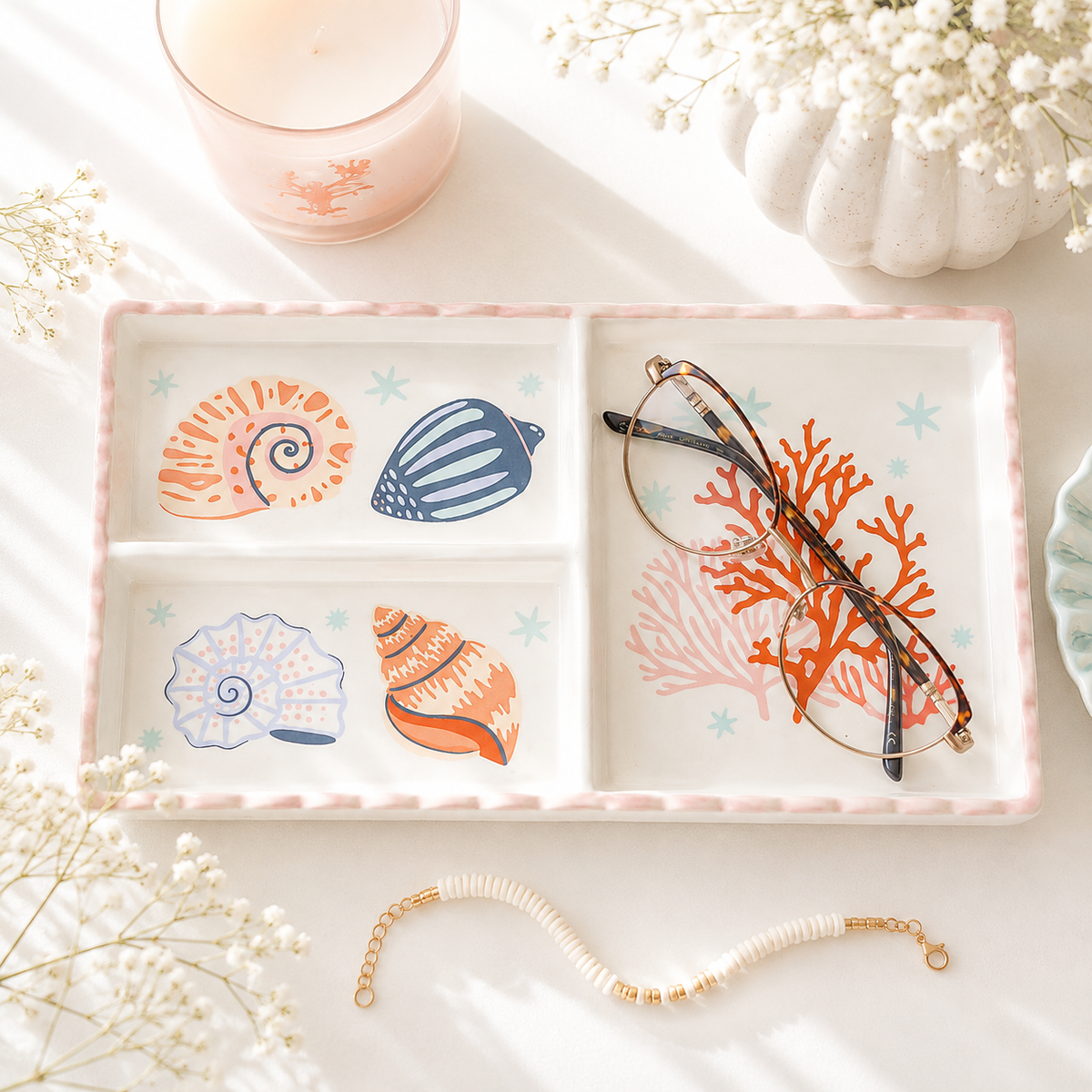Coastal Shell & Coral Jewellery Tray – Pink Ceramic Trinket Dish