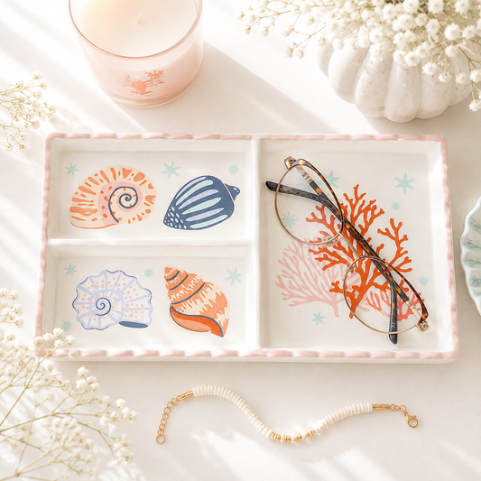 Coastal Shell & Coral Jewellery Tray – Pink Ceramic Trinket Dish