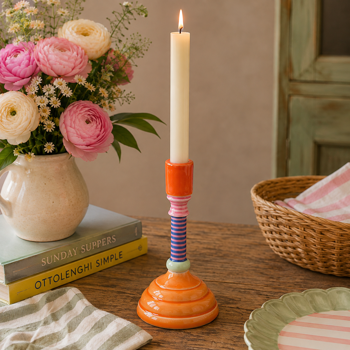 Colourful Enamel Candlestick Holder – Orange, Blue & Pink Taper Candle Holder