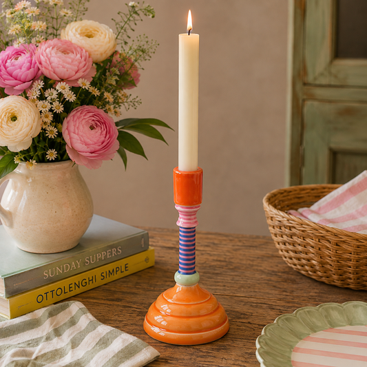 Colourful Enamel Candlestick Holder – Orange, Blue & Pink Taper Candle Holder
