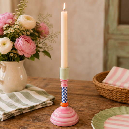 Colourful Enamel Candlestick Holder – Pink, Green & Blue Taper Candle Holder