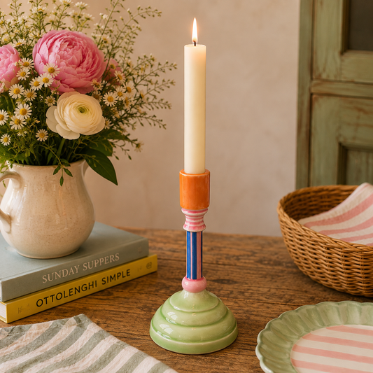 Colourful Enamel Candlestick Holder – Green, Blue & Orange Taper Candle Holder