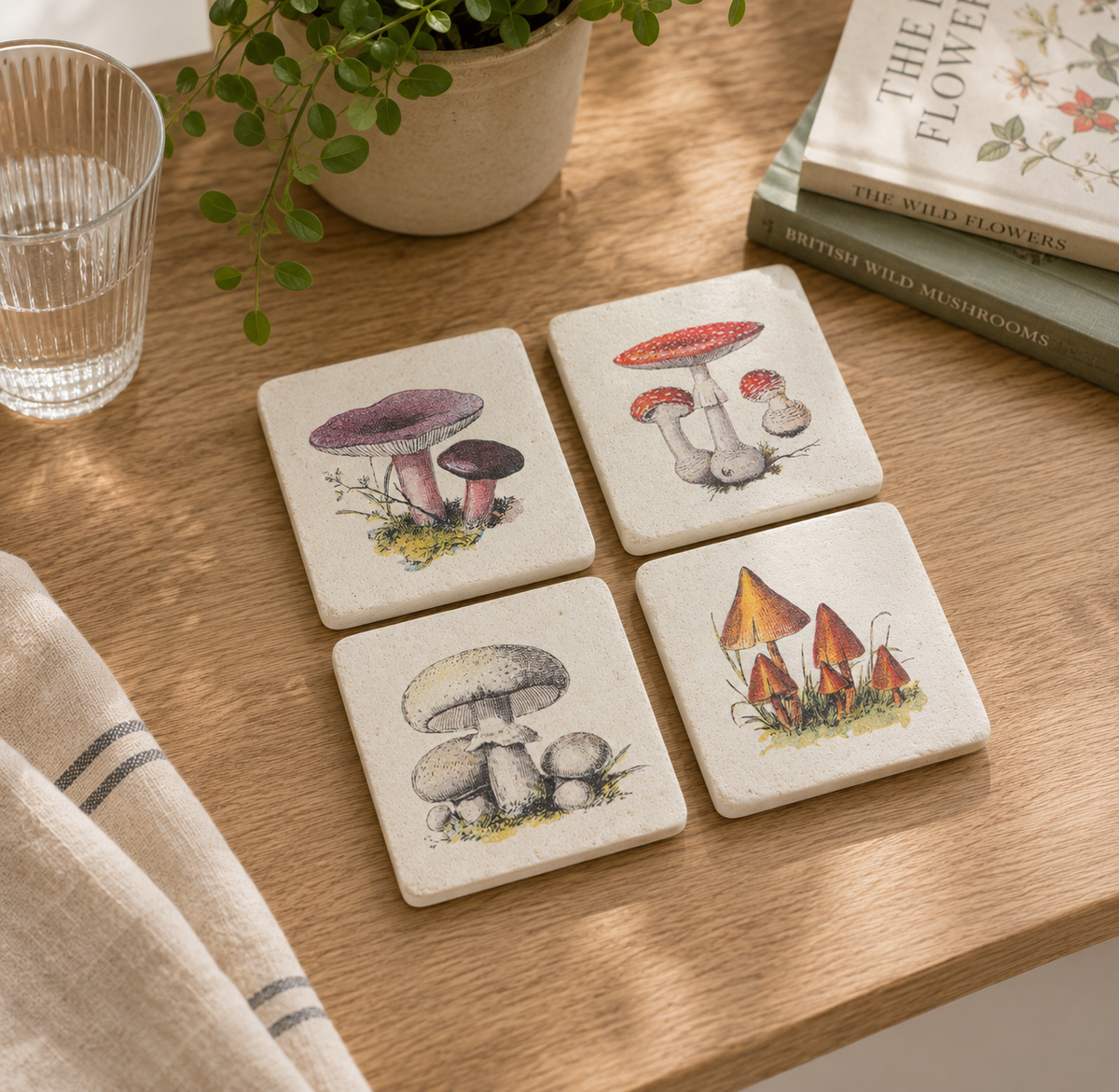 Vintage Mushroom Coasters Set of 4 | Cottagecore Botanical Drink Coasters | Nature Gift