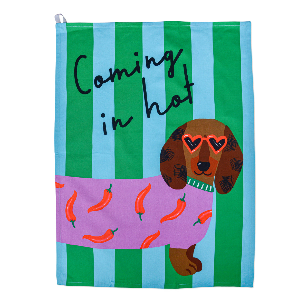 Coming in Hot Sausage Dog Tea Towel – Colourful Dachshund Kitchen Towel