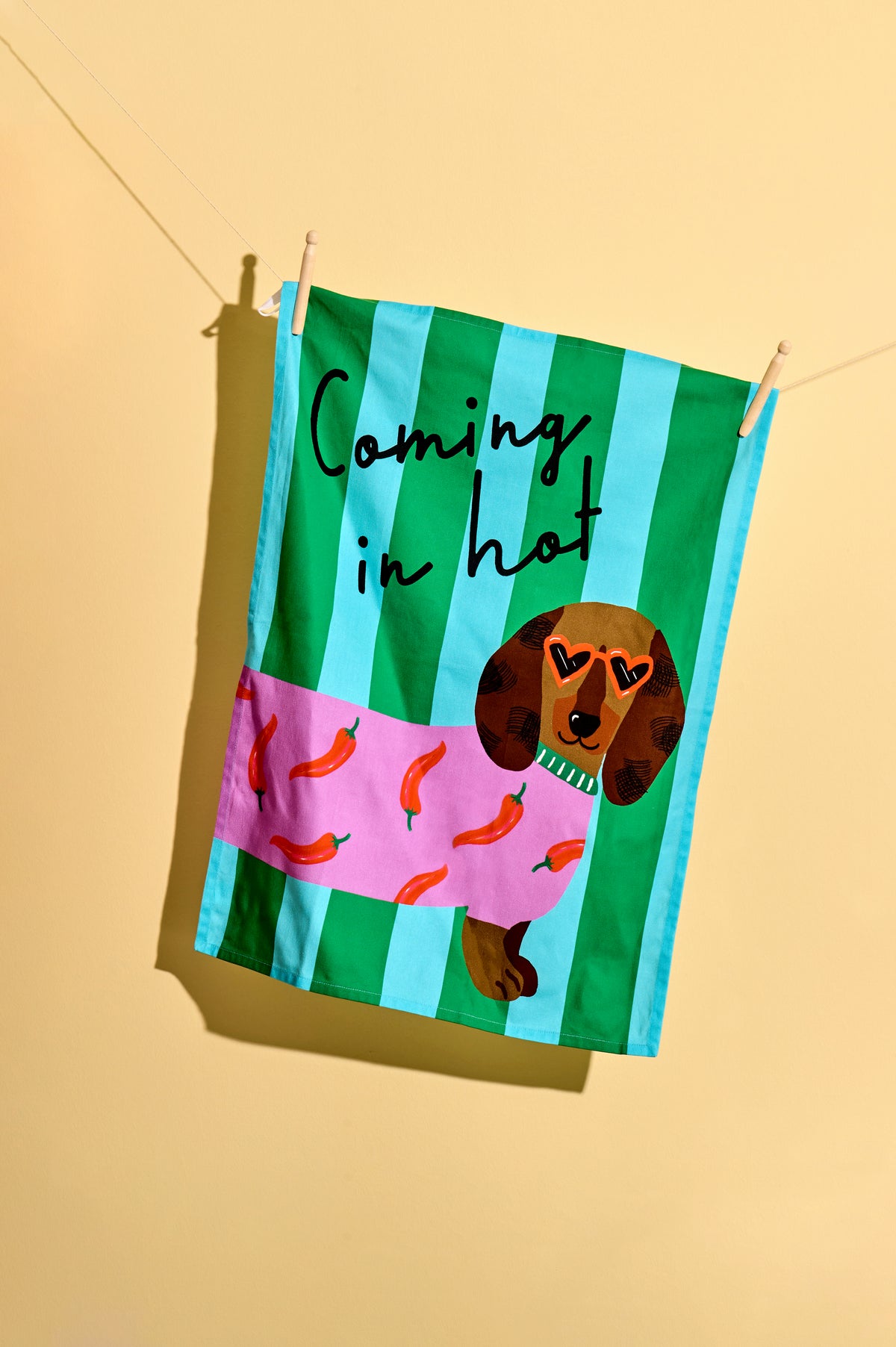 Coming in Hot Sausage Dog Tea Towel – Colourful Dachshund Kitchen Towel