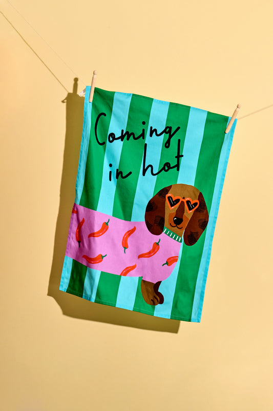 Coming in Hot Sausage Dog Tea Towel – Colourful Dachshund Kitchen Towel