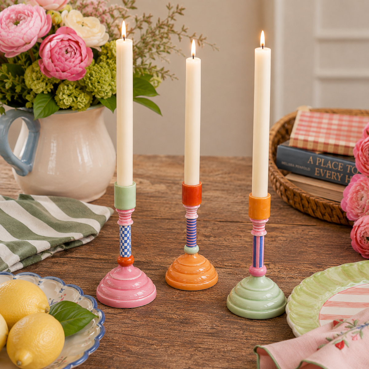 Colourful Enamel Candlestick Holder – Green, Blue & Orange Taper Candle Holder