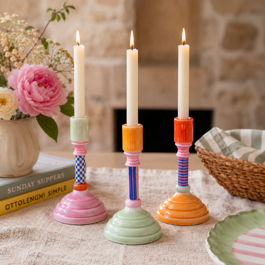 Colourful Enamel Candlestick Holder – Green, Blue & Orange Taper Candle Holder