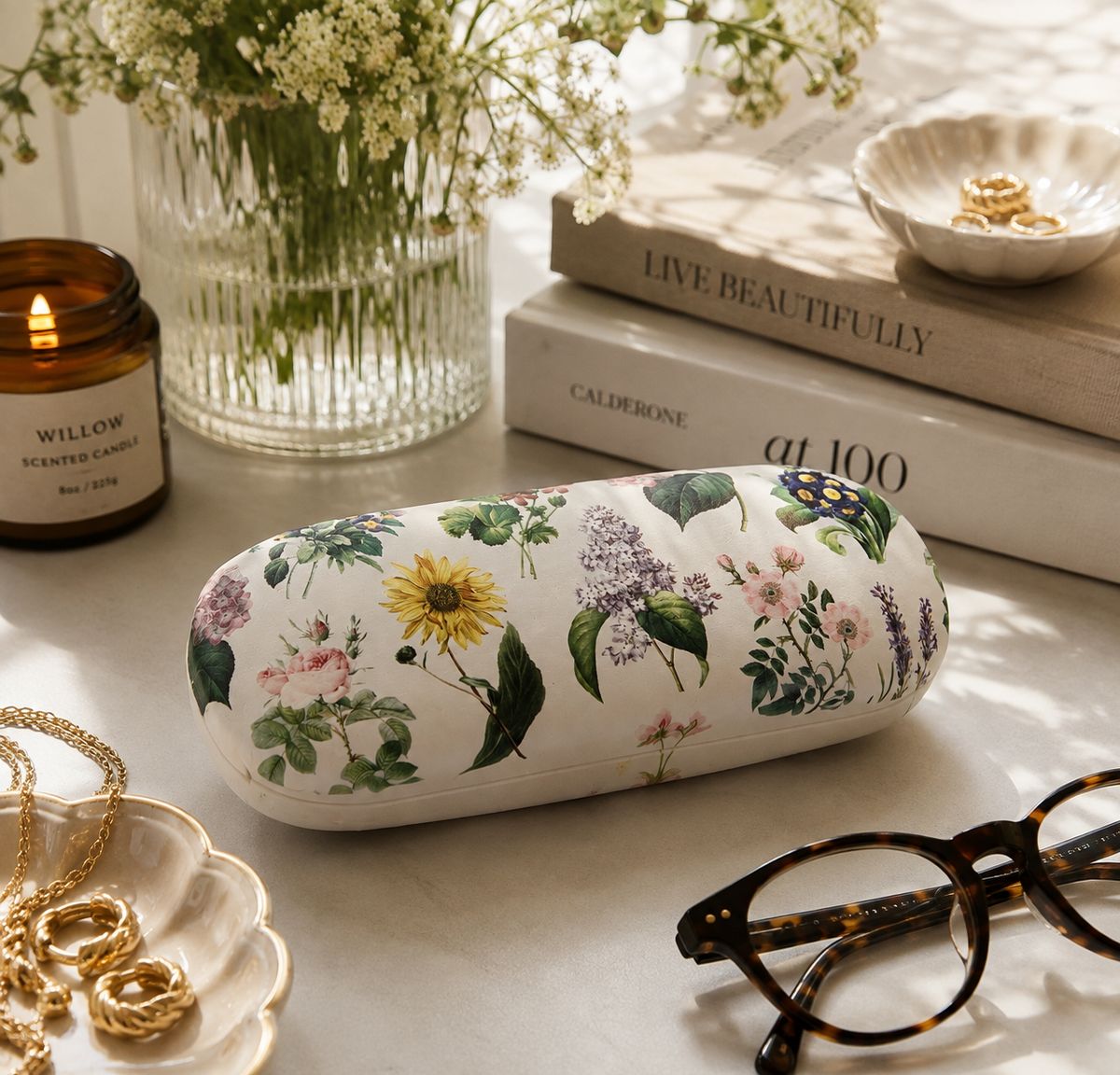 Vintage Botanical Floral Glasses Case | Hard Shell Eyeglass Case with Microfibre Cleaning Cloth