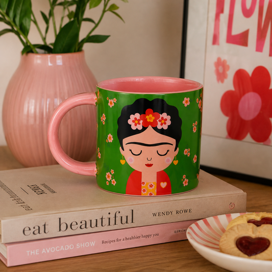 Frida Kahlo Mug | Green Floral Ceramic Coffee Cup | Colourful Gift