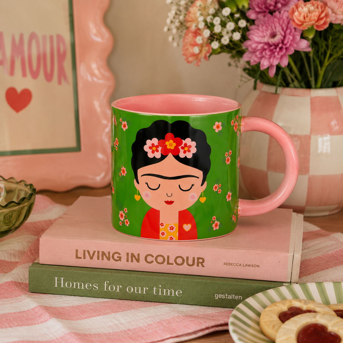 Frida Kahlo Mug | Green Floral Ceramic Coffee Cup | Colourful Gift