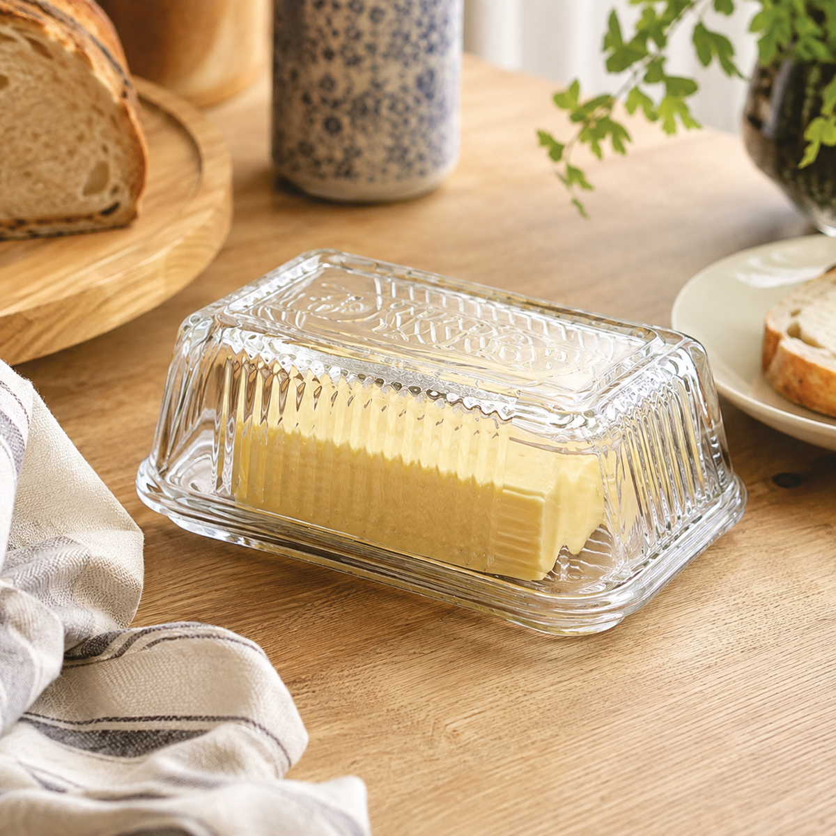 Clear Glass Butter Dish with Lid – Vintage Ribbed Butter Keeper