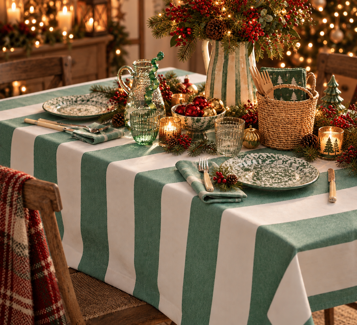 Green & Cream Striped Tablecloth – 160 x 250cm